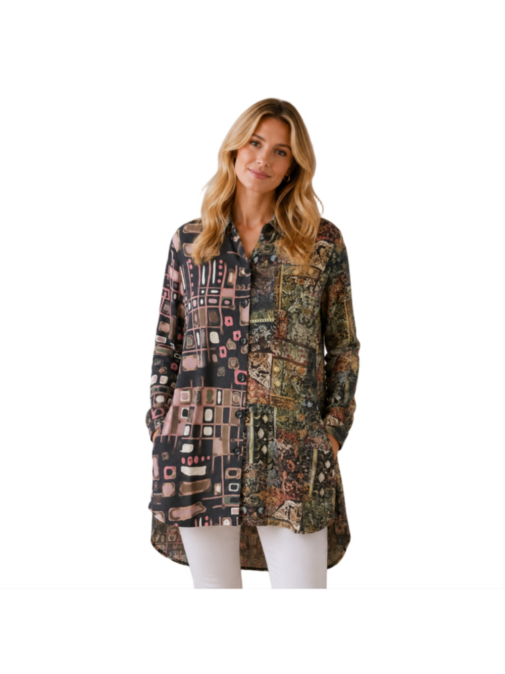 Shana Apparel Patchwork Tunic Blouse Abstract Geometric Baroque Button Size M